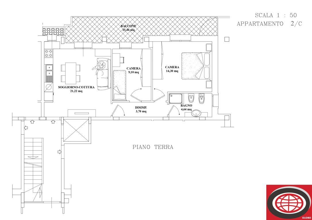 Vendita di un appartamento nuovo a Montiano, con due camere da letto, balcone, garage e cantina.